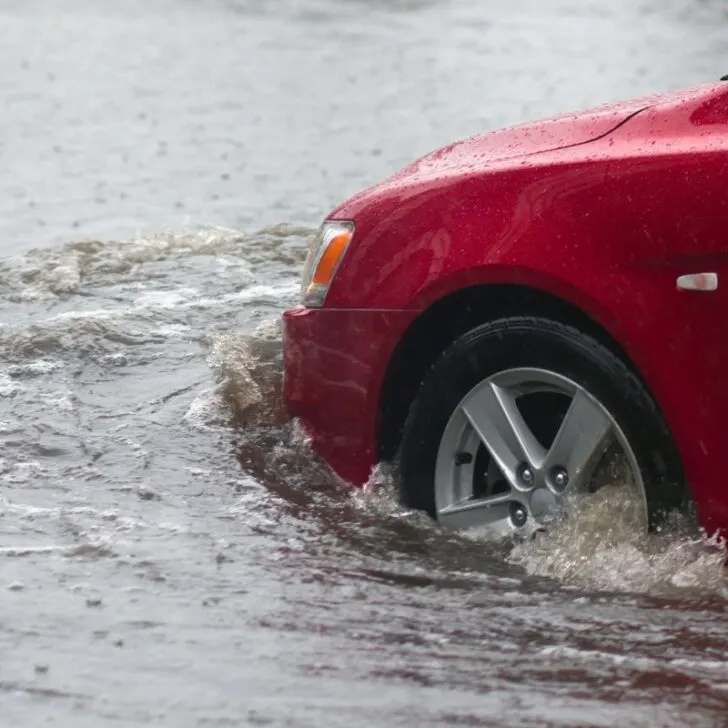 red car headed into flooded waters