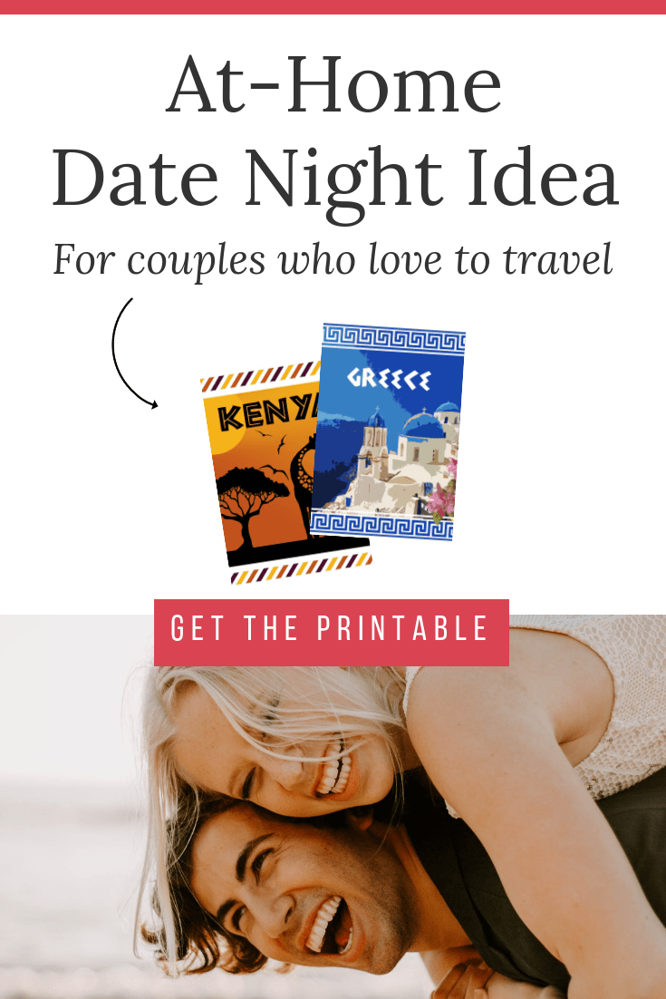 young couple on beach together with text overlay "at home date night idea for couples who love to travel, get the printable"