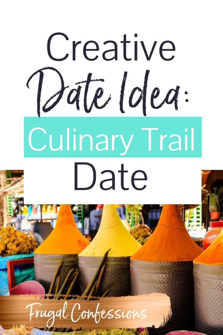 Moroccan spice stall in Marrakech market, Morocco with text overlay "creative date ideas: culinary trail date"