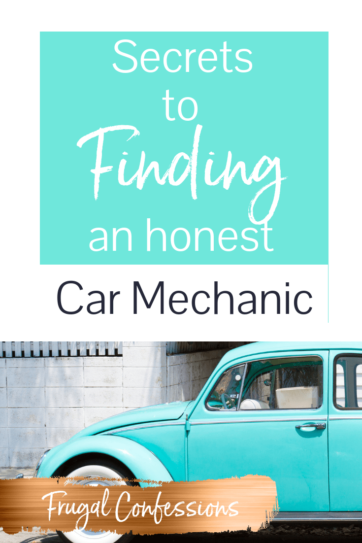 powder blue volkswagen bug with text overlay "secrets to finding an honest car mechanic"