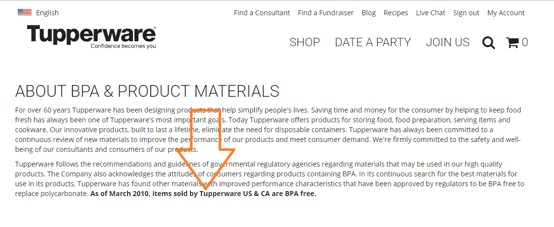screenshot of Tupperware site that says "as of March 2010, items sold by Tupperware US & CA are BPA free"