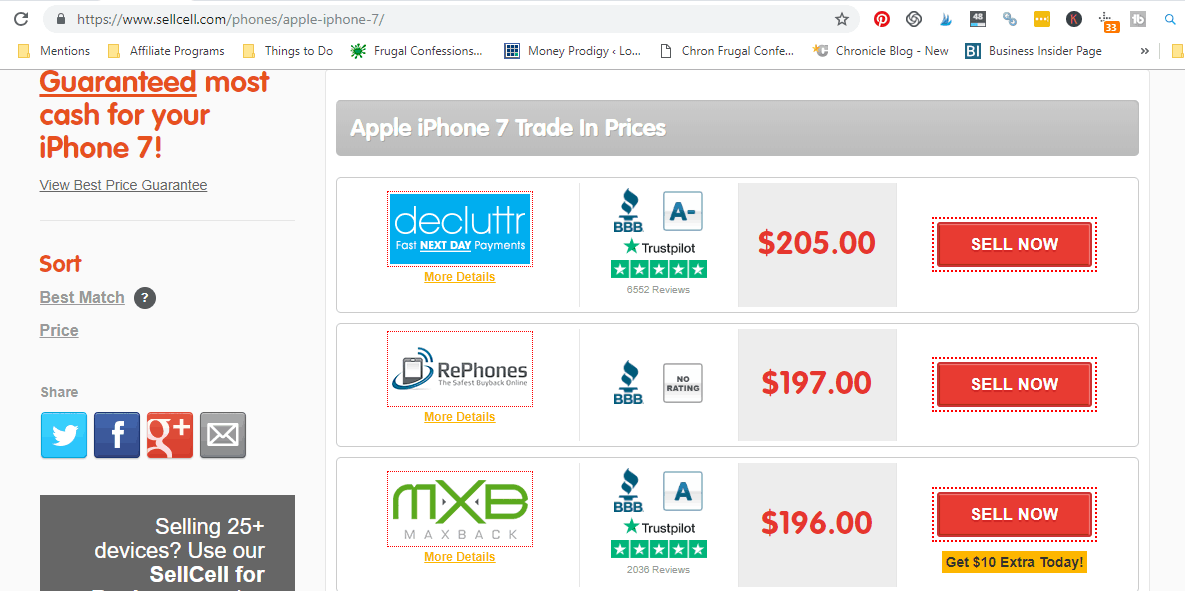 image of comparison buyback prices for an apple iphone 7, from $10 to $205