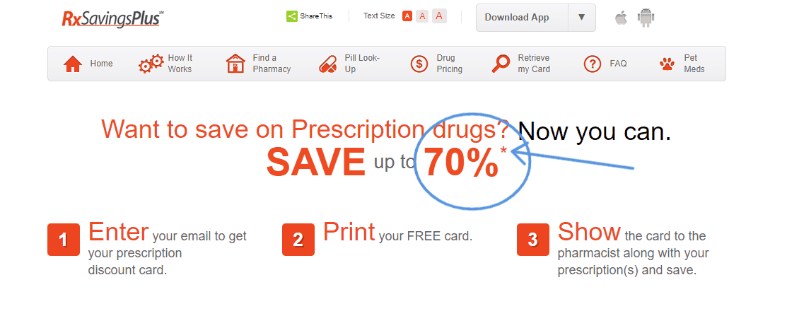 screenshot of rx savings plus that says up to 70% savings on prescription drugs