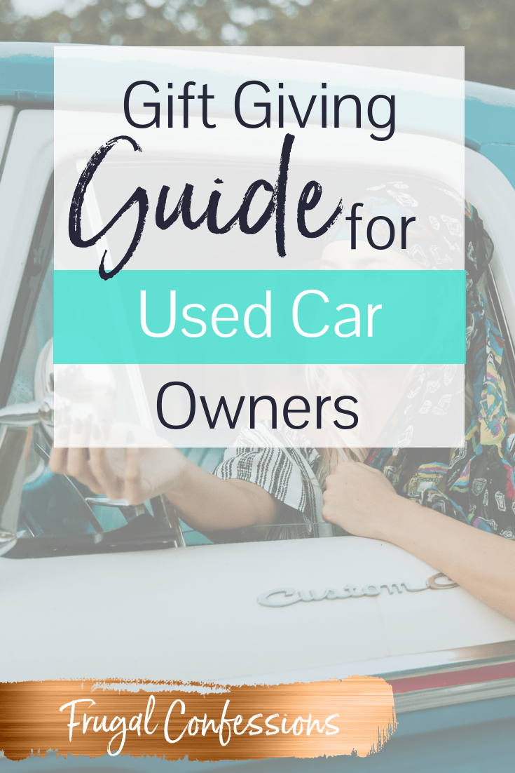 bohemian woman in blue and white truck with text overlay "gift giving guide for used car owners"