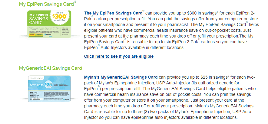 screenshot of epipens savings program, for savings of $300