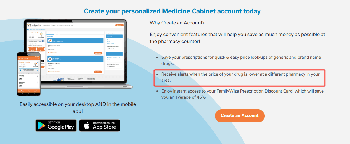 screenshot of familywize's personal medicine cabinet system that tracks costs of your prescriptions