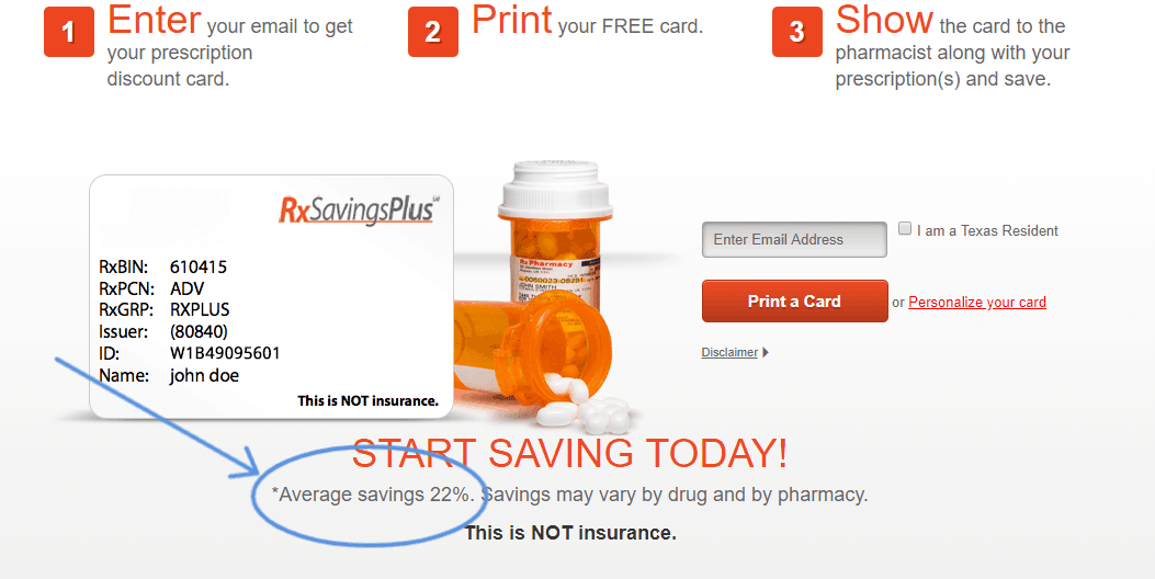 screenshot of rx savings plus website that says average savings is 22%