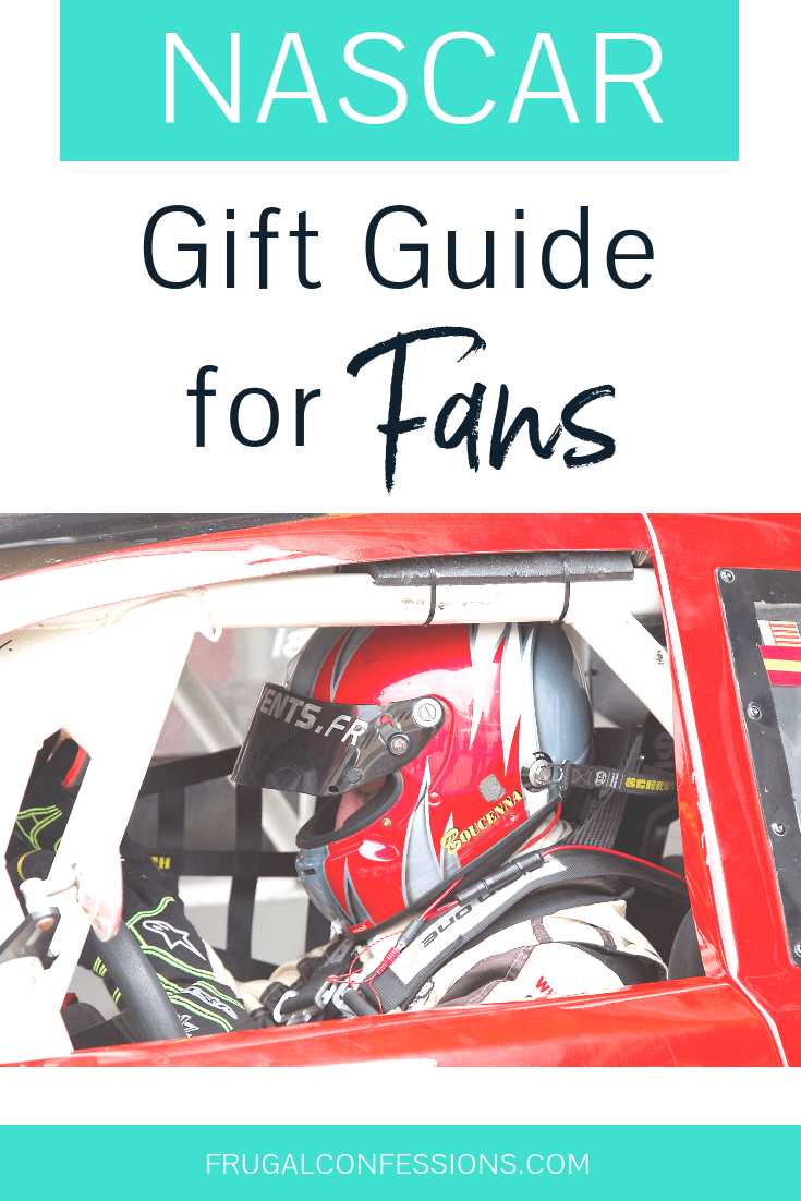 man in helmet driving a red race car with text overlay "NASCAR gift guide for fans"