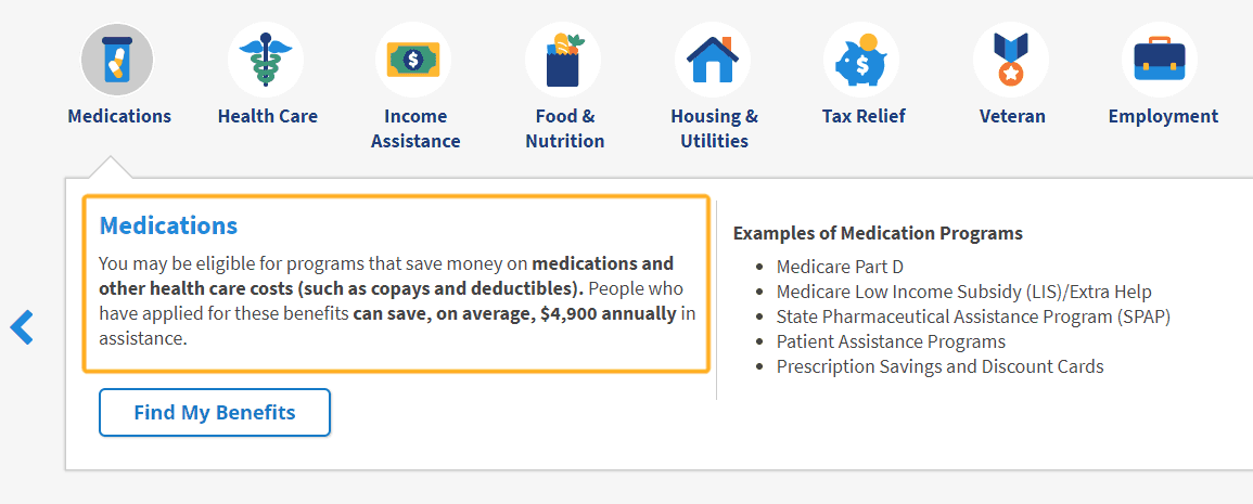 screenshot with box around free benefits checker tool for prescriptions