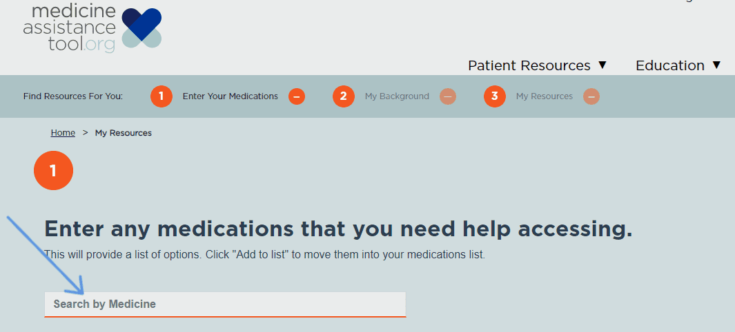 screenshot of search bar in Medicine Assistance Tool
