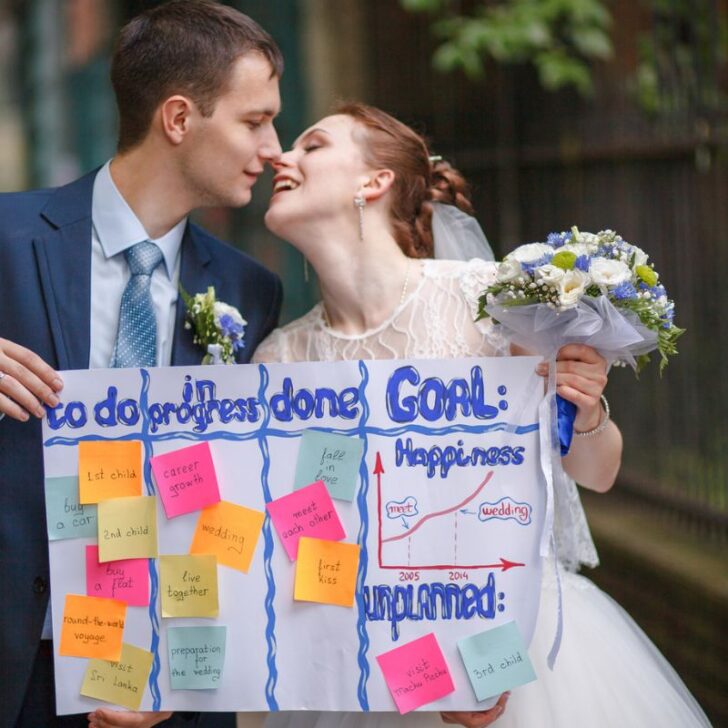 newlywed couple holding up wedding to do list poster