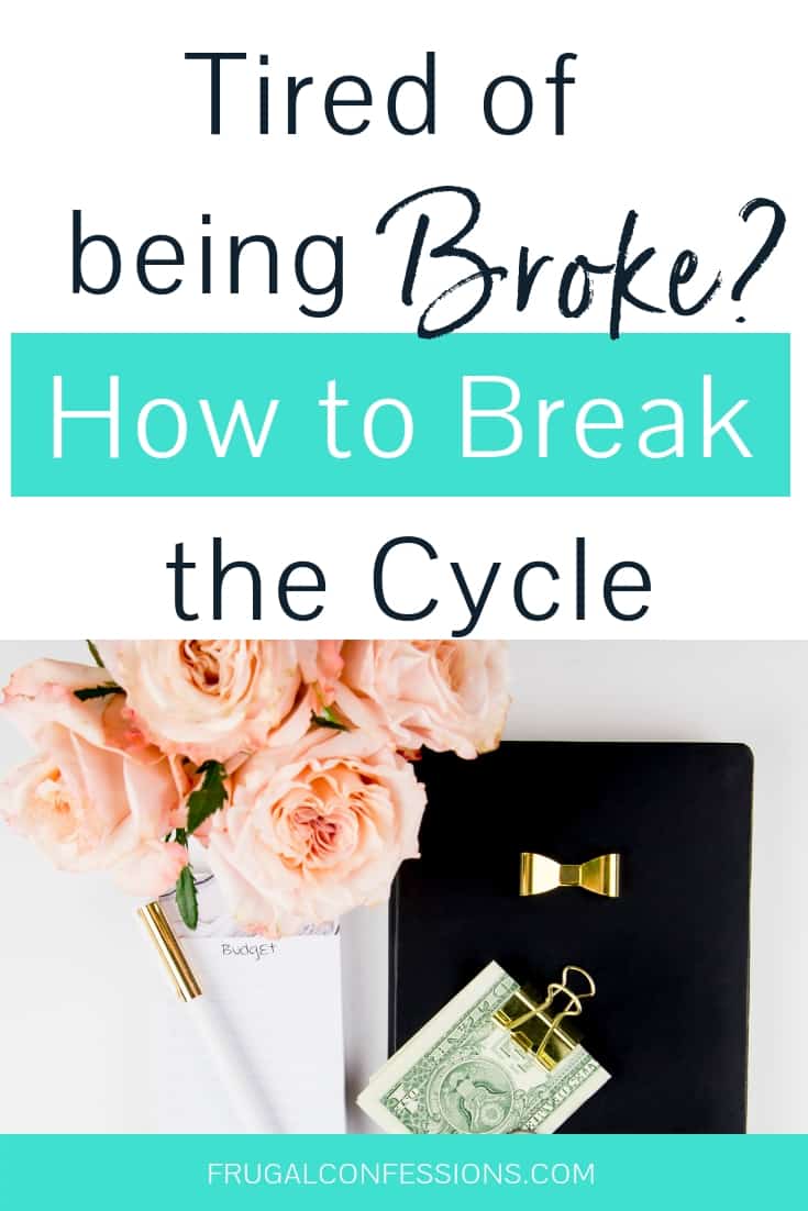 desktop with pink flowers, money in a clip, notepad and pen with text overlay "tired of being broke? Break the cycle"