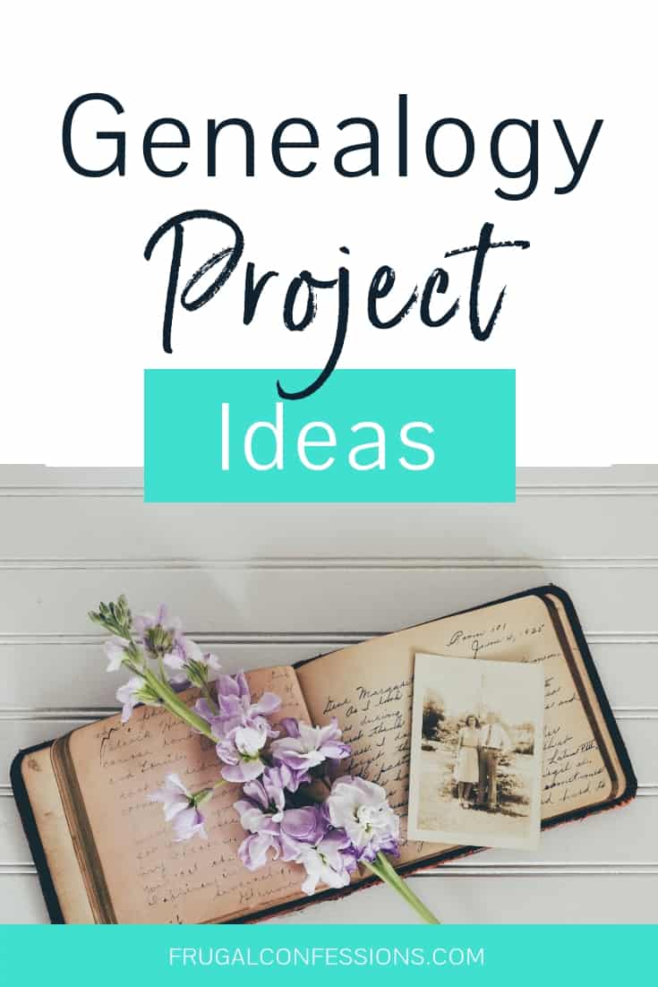 Genealogy Project book with purple flowers on top with text overlay "genealogy project ideas"