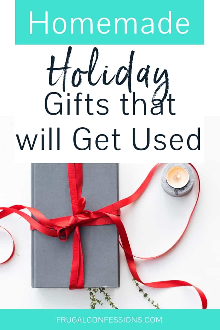 gift wrapped in a grey box with a red ribbon on a desk with text overlay "homemade holiday gifts that will get used"