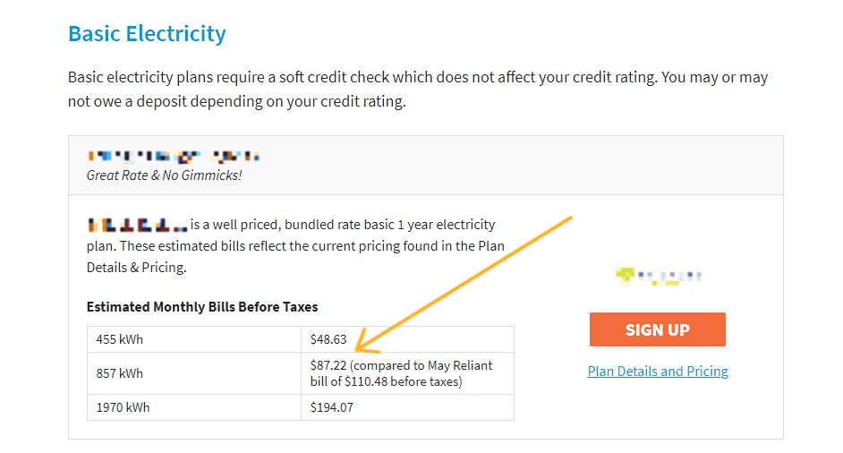 screen shot with arrow pointing to electricity savings 