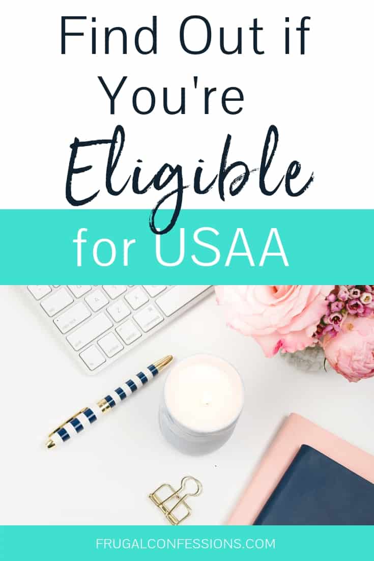 desktop with keyboard, pink flowers, a candle, a pen with text overlay "find out if you're eligible for USAA'