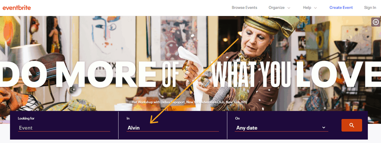 screenshot of eventbrite homepage, with arrow pointing to location input field