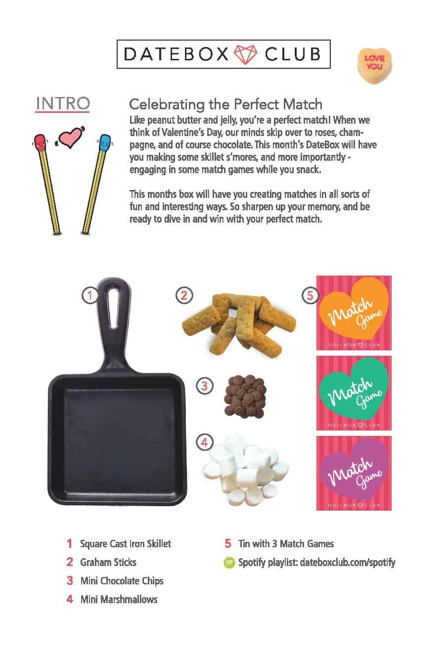 datebox club one page instructions sheet showing how to make skillet s'mores and match game