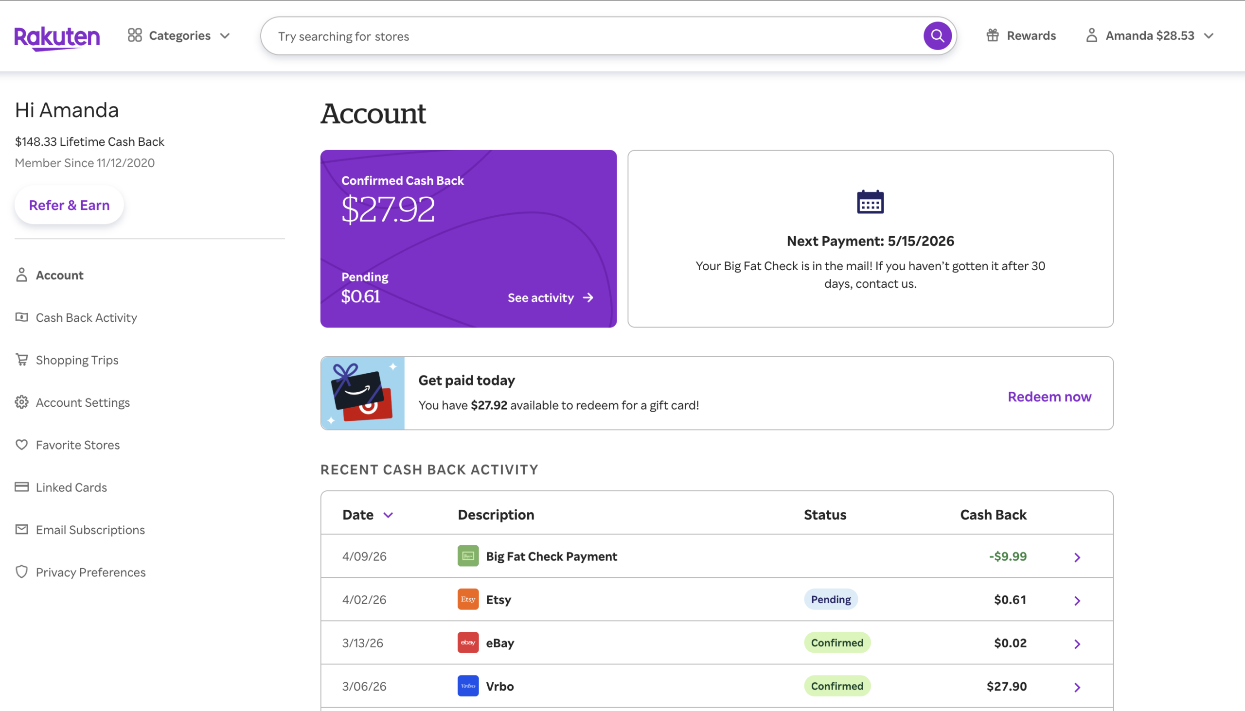 author's Rakuten account showing $27.92 in confirmed cash back, and $148.33 in lifetime cash back earnings