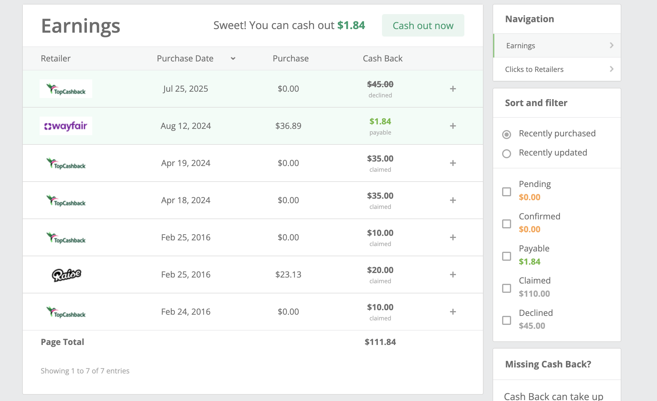 author's earnings history with TopCashBack site, showing $111.84 in lifetime earnings