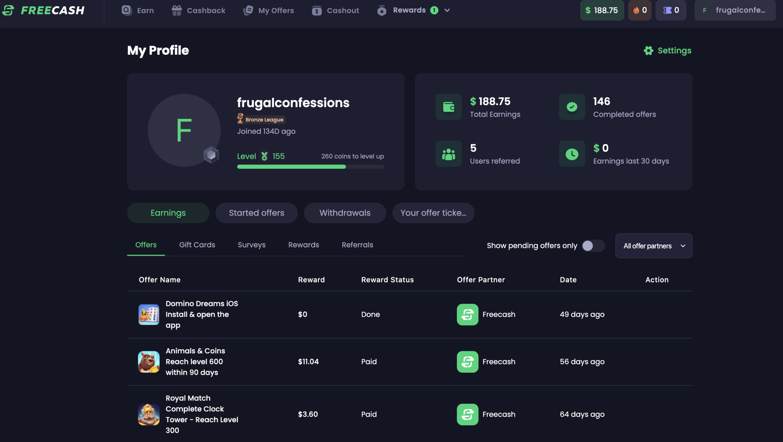 black dashboard showing frugalconfessions having $188.75 and the ways she earned the money