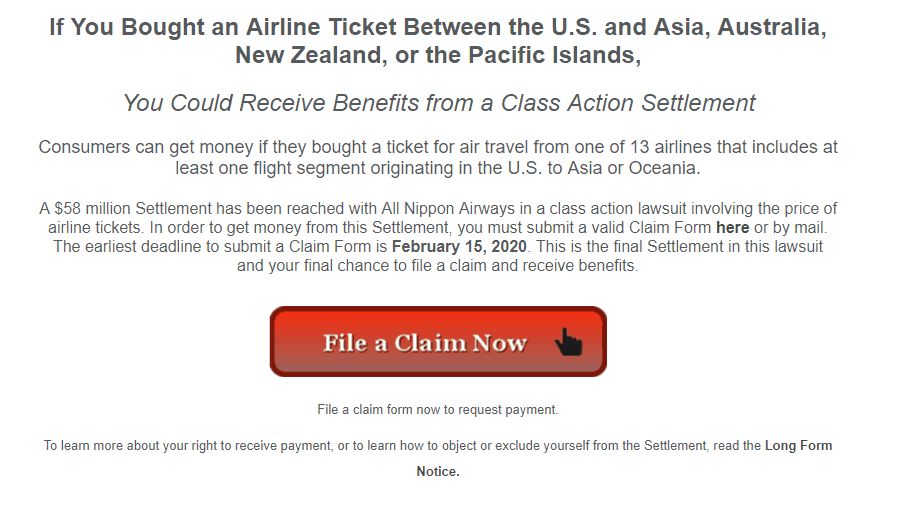 screenshot of a class action lawsuit example if you bought an airline ticket between US and certain countries