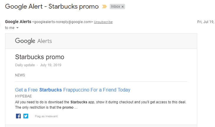 screenshot of a google alert to get a free starbucks for your friend