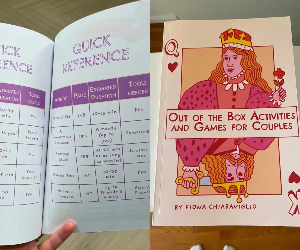 the book's cover that looks like a playing card, and a woman holding the book open to a Quick Reference page