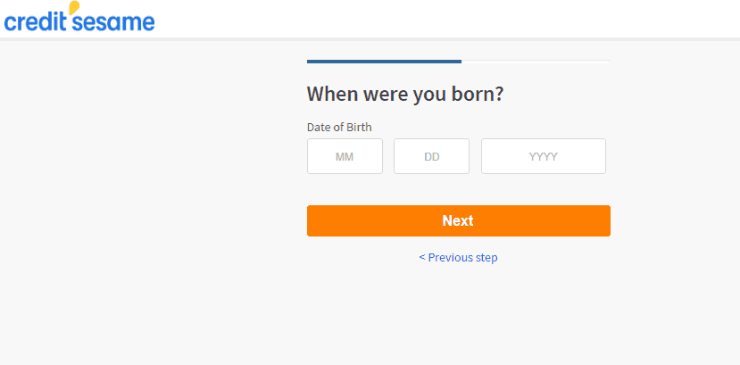 screenshot of credit sesame sign up page asking for birth date