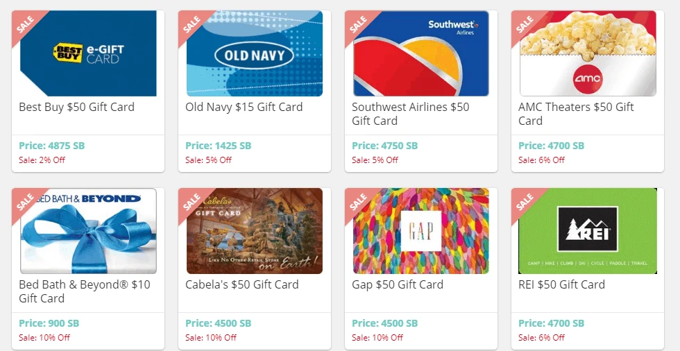 screenshot of discounted gift cards for online shopping