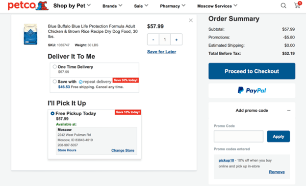 screenshot of Petco with online discounts from picking up in store