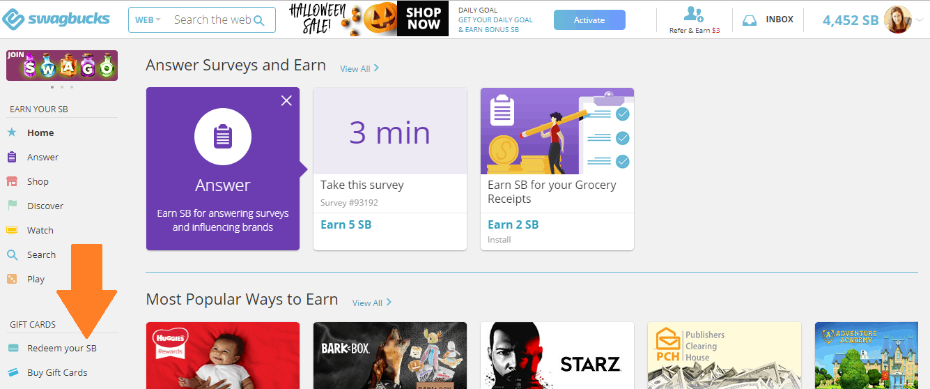 screenshot of how to redeem swagbucks for gift cards to online shop