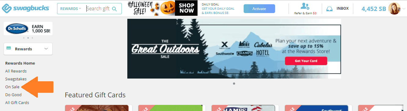 screenshot of where to click on Swagbucks to get discounted gift cards
