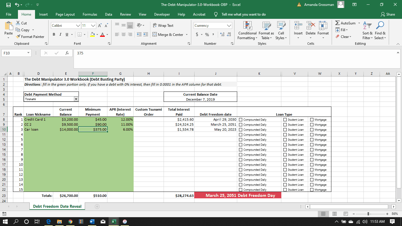 screenshot of the Debt busting debt free challenge free debt calculator excel sheet