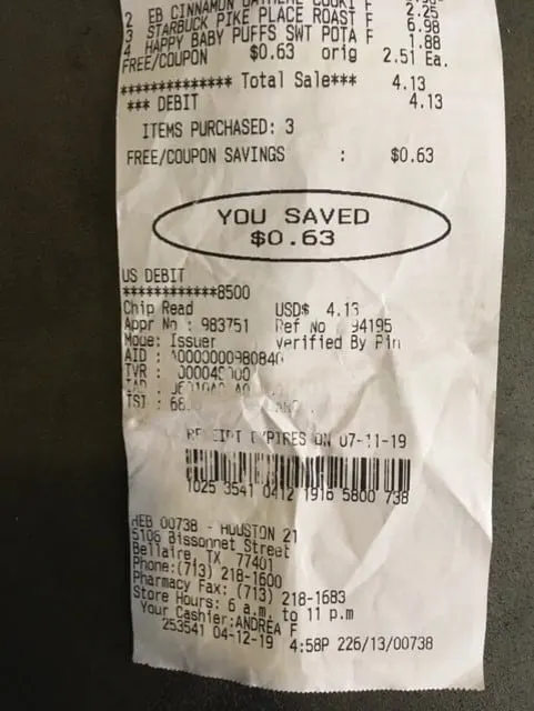 screenshot of receipt showing I saved $0.63, which I'll now use to put into savings
