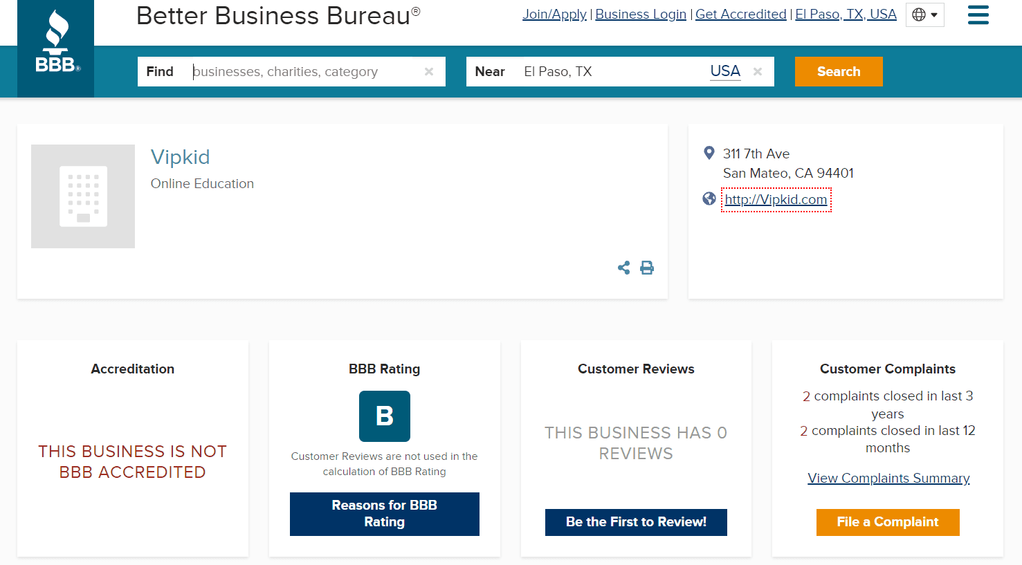 screenshot of Better Business Rating's VIPKids reviews rating, showing "B"