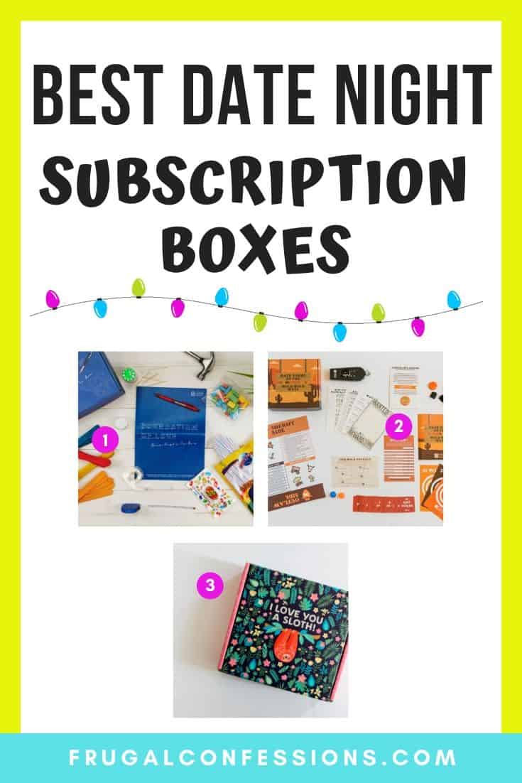 three screenshots of three different date night subscription boxes, and a visual of Christmas lights on pin