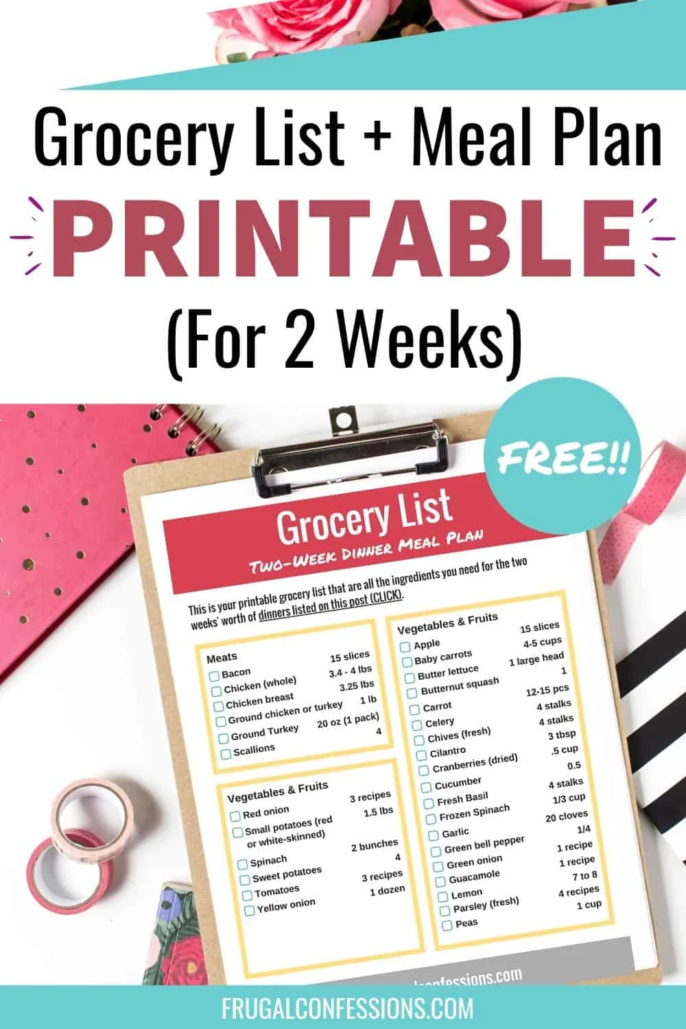 grocery list two week printable on desk backdrop, flatlay with clipboard