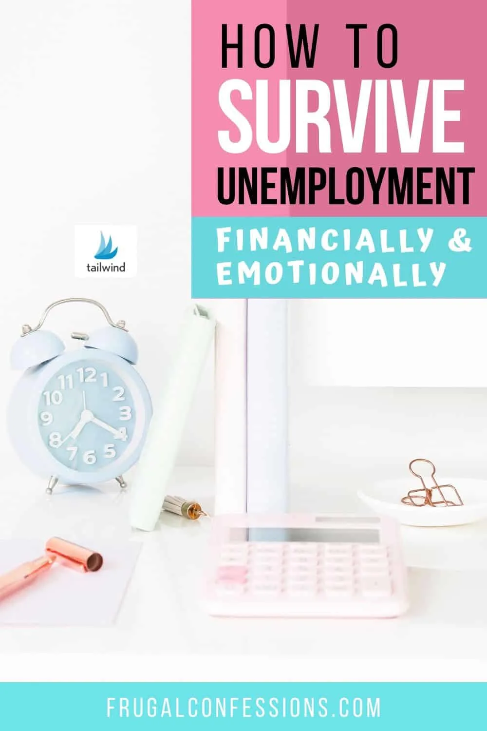 white desk with pastel colored accessories, text overlay