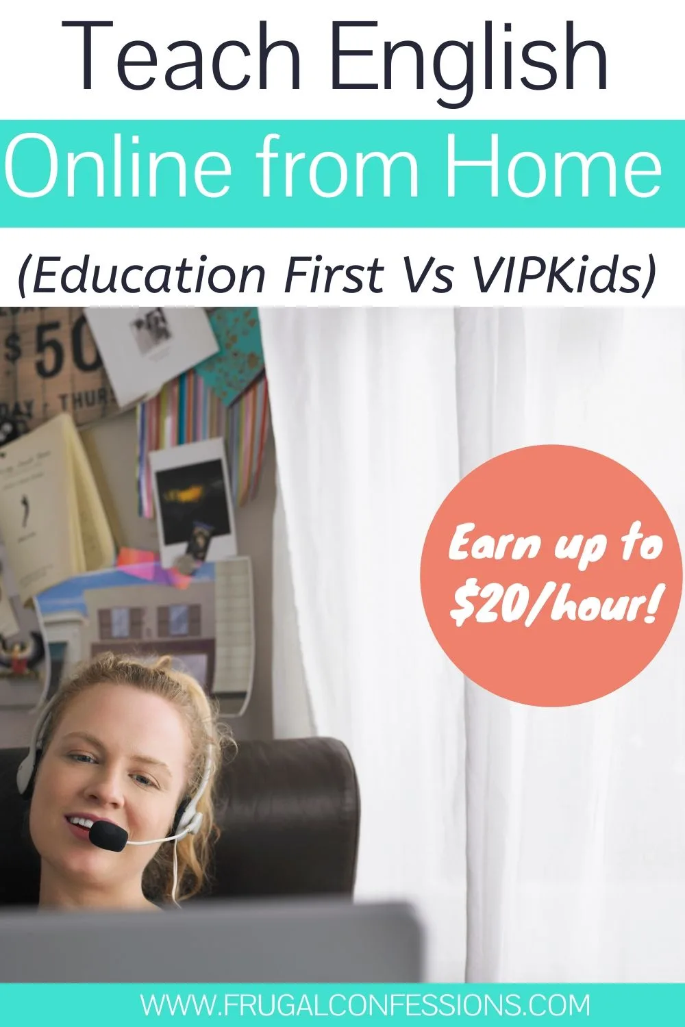 woman with headset at home office desk teaching english online, text overlay "teach english online from home education first vs VIPKids)