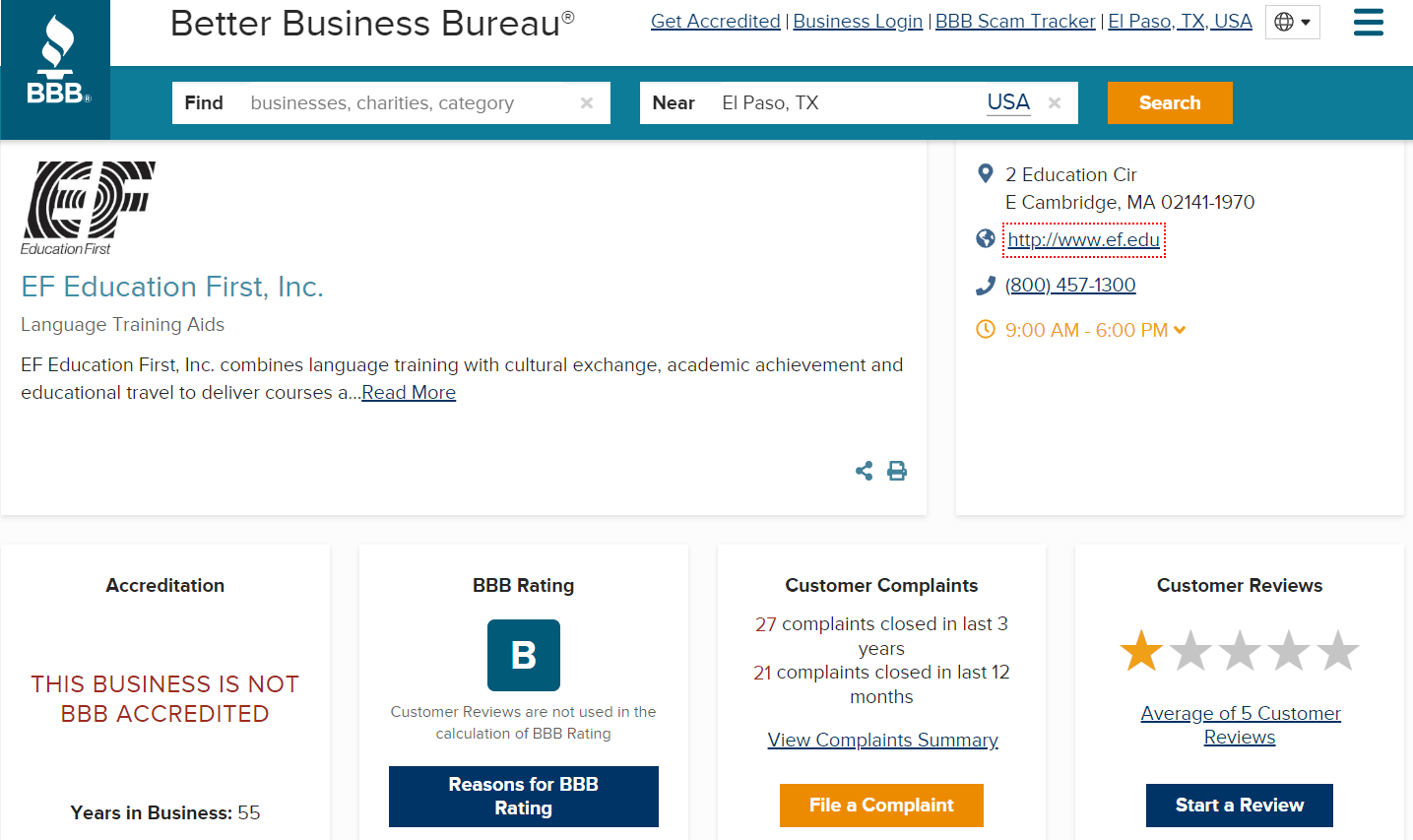 screenshot of Education First's B rating on the Better Business Bureau's website