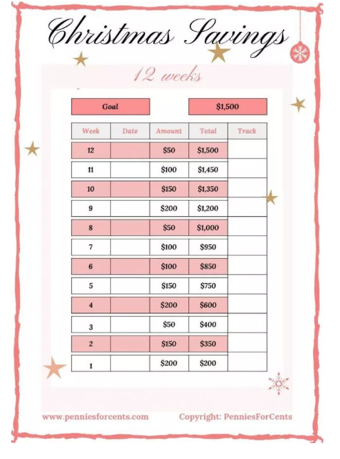 screenshot of 12 week Christmas savings plan