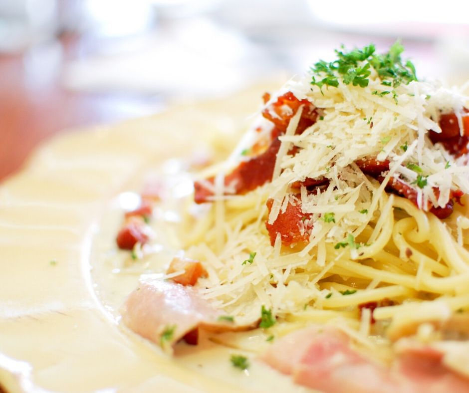 pasta carbonara made from pasta bar, a great winter meal for a crowd