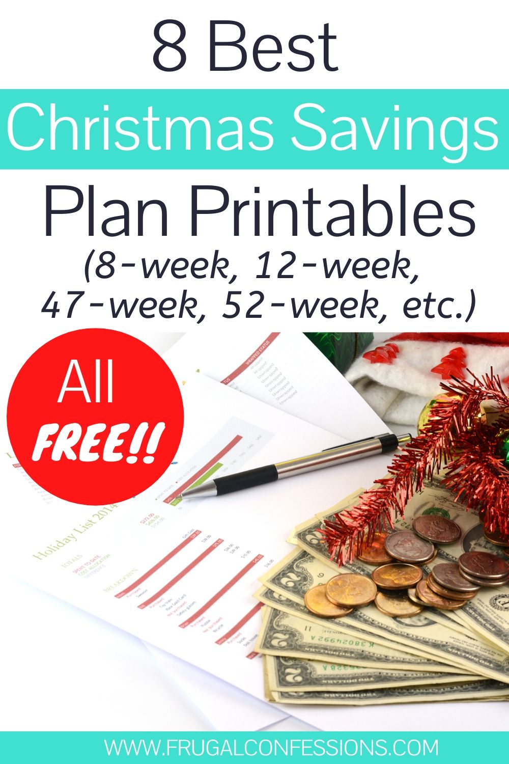 pen, savings plan printable, holly, and money on desk, text overlay 