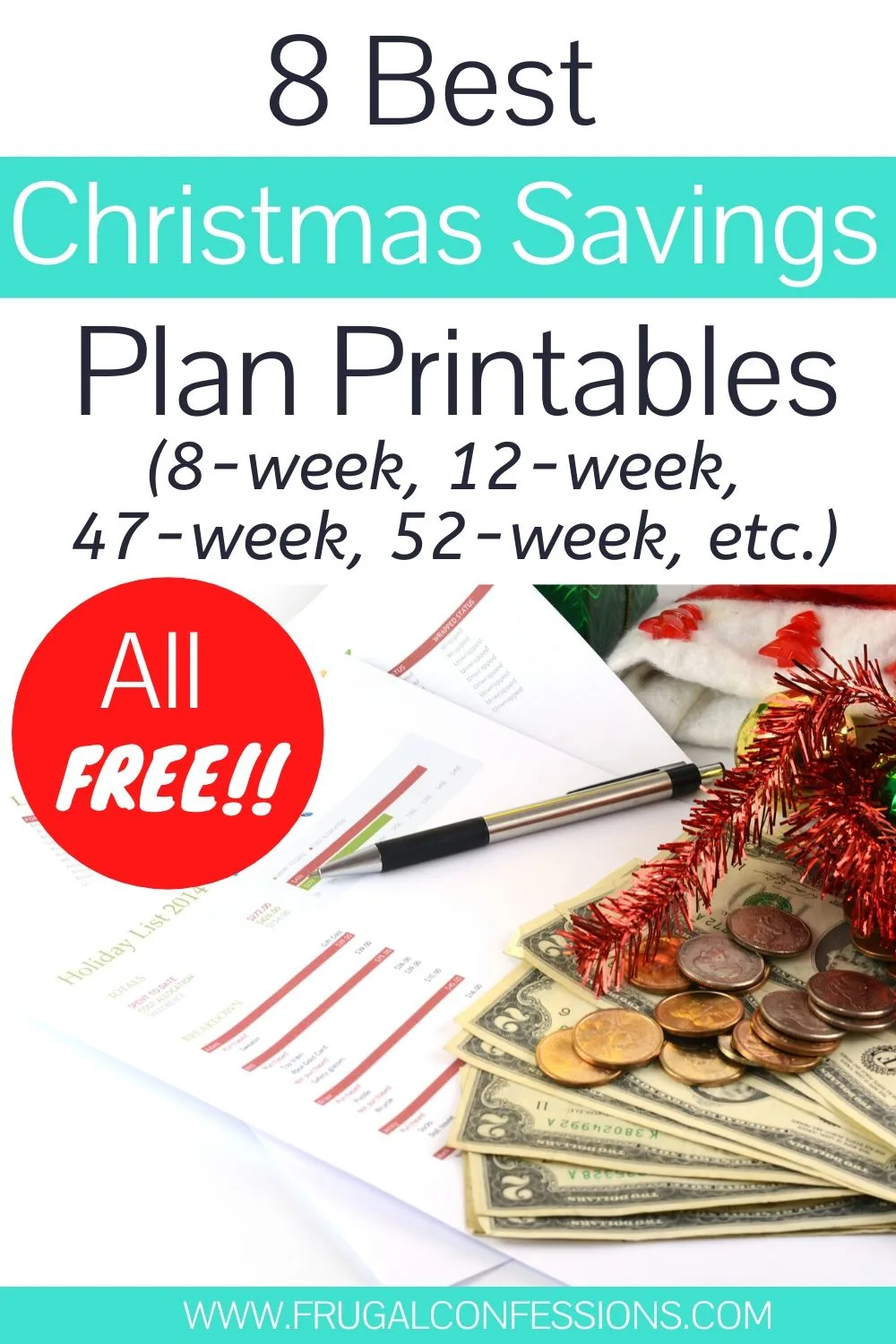 pen, savings plan printable, holly, and money on desk, text overlay