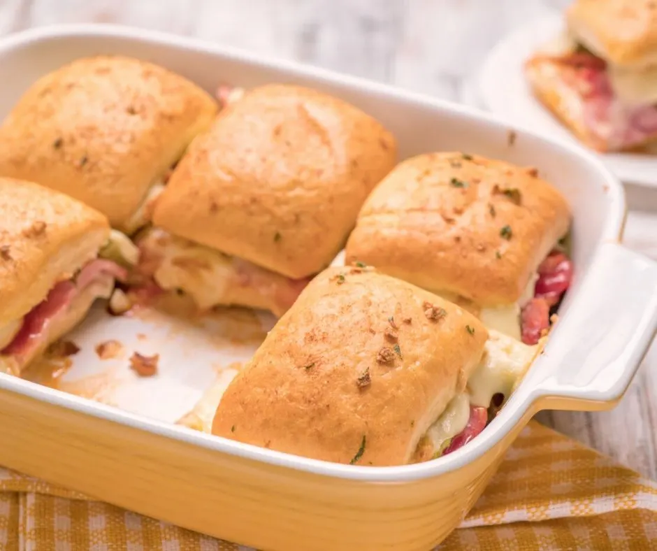 pan of hot ham and swiss sliders, great idea for What to cook for lots of guests