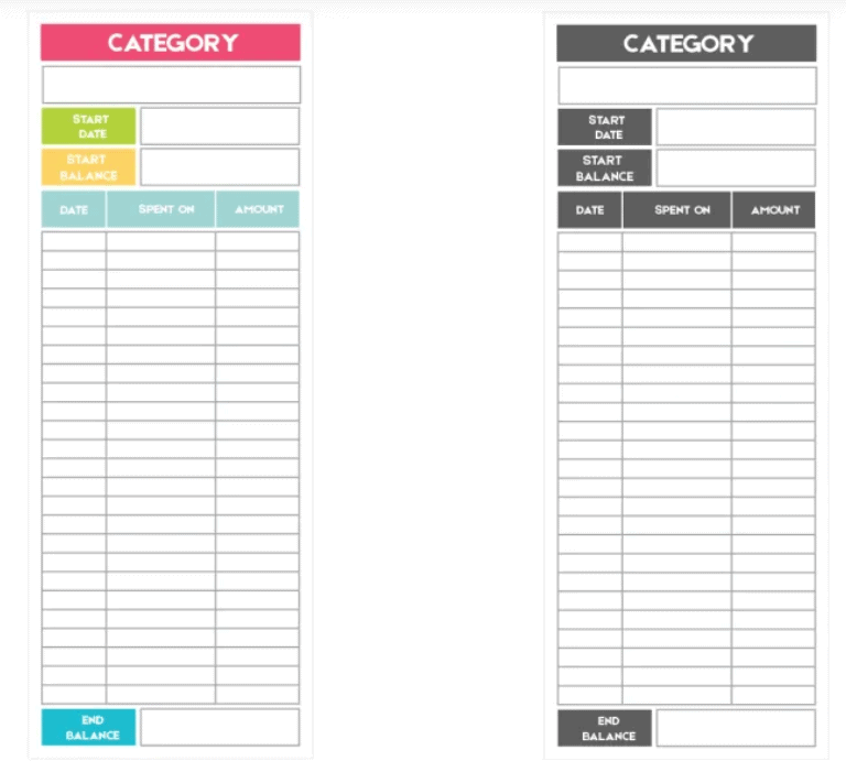 two cash envelopes with spending tracking rows and columns on outside, one black and white and one colorful