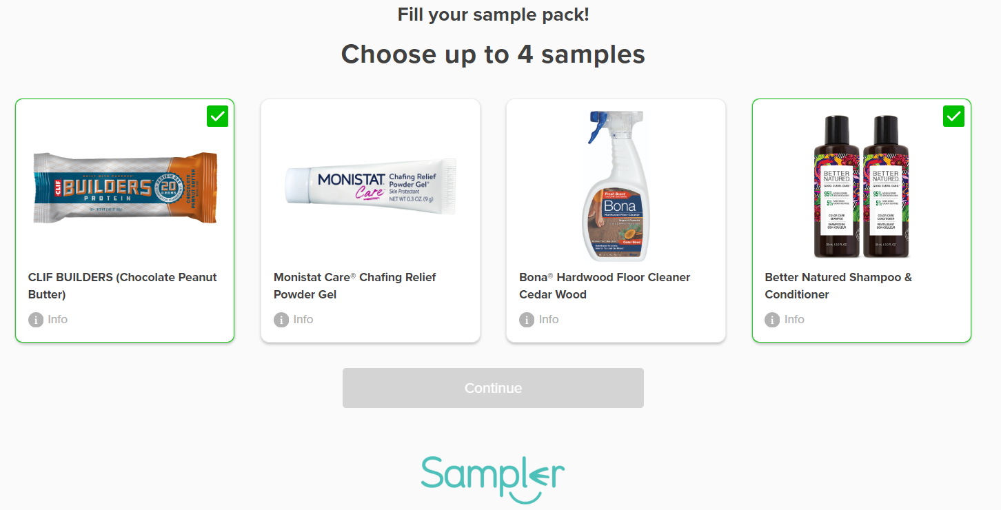 screenshot of free samples free shipping options from the sampler box