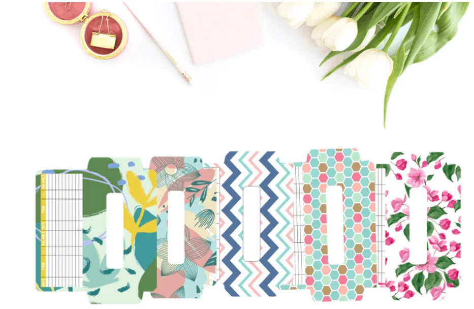 five different patterned cash envelopes on white overlay (pink, green, blue, etc.)