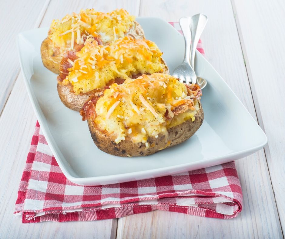 three twice-baked potatoes, inexpensive dish to feed a large crowd